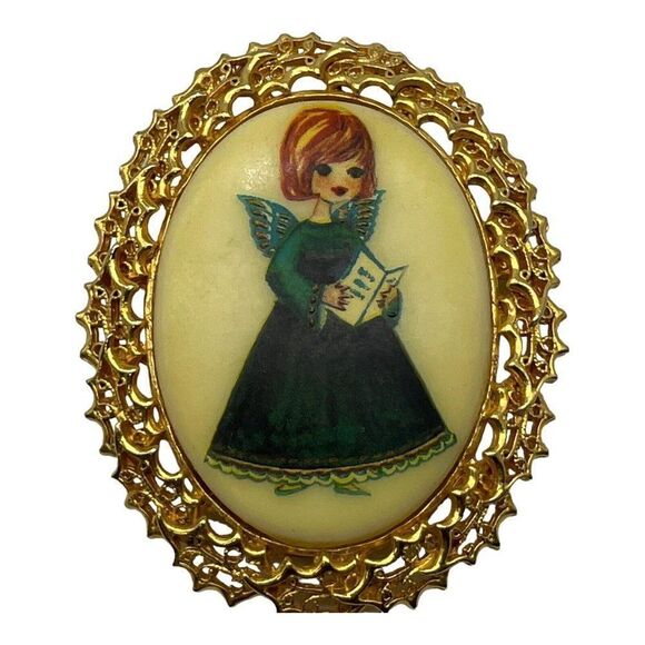 Vintage Signed Tancer II Christmas Brooch Angel Oval - Picture 1 of 7
